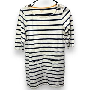 Boden Breton Dress Blue Striped 3/4 Sleeve Shoulder Buttons Front Pocket size 8